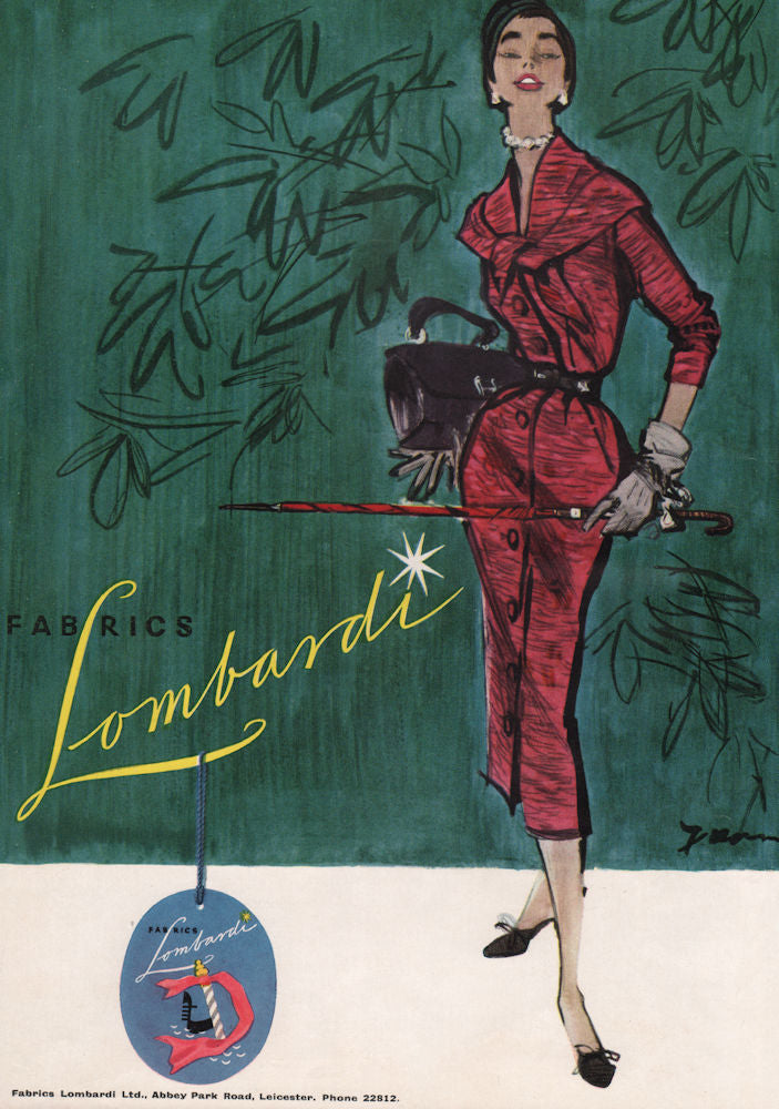 Fabrics Lombardi. Fashion advert. BRITISH VOGUE 1955 old vintage print picture